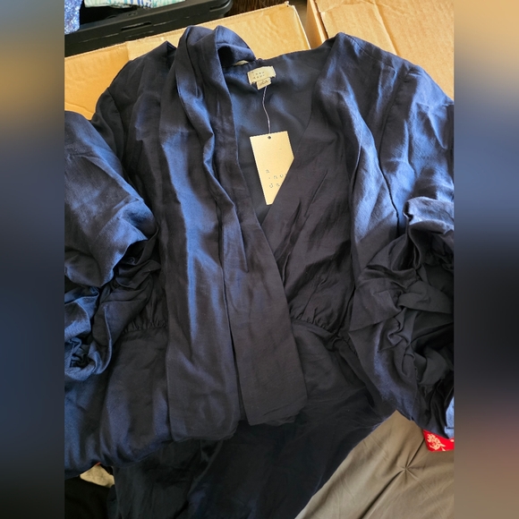 A New Day Navy Blue Balloon 3/4 Sleeve Tie Neck Maxi Dress - Picture 5 of 5